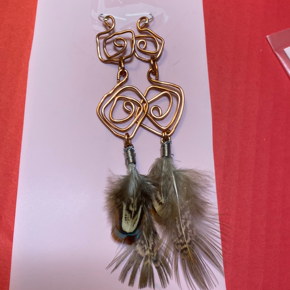 Sterling silver hook earrings with copper and feathers